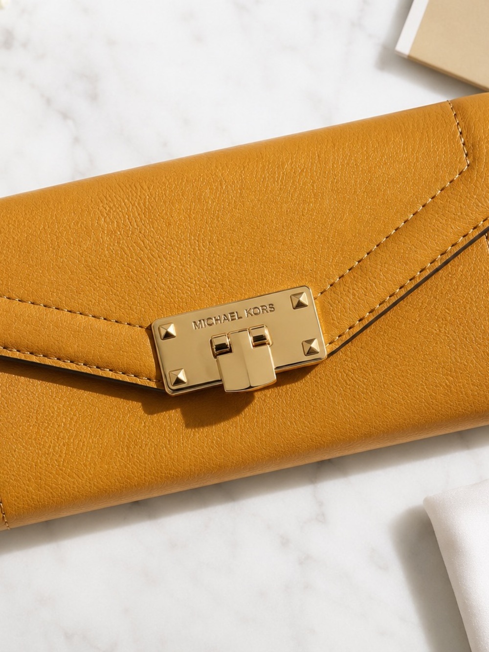 Michael Kors Mustard Yellow Envelope Wallet Clutch Gold Hardware